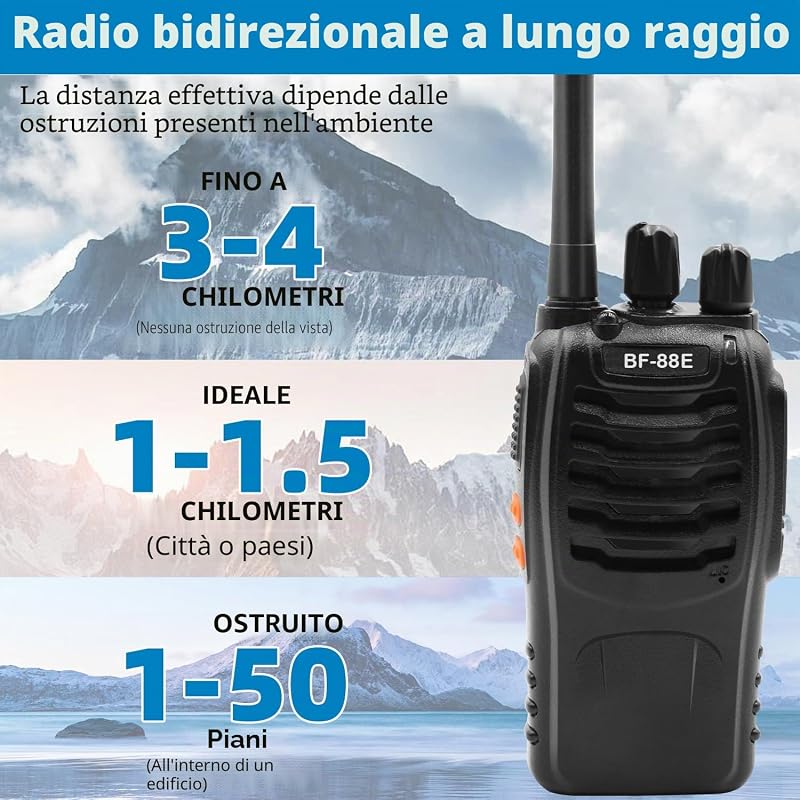 Walkie Talkie PMR446 Radio Ricetrasmettitore, 16 Canali Walkie-talkie Professionali Ricaricabili a Lungo Raggio con Auricolare e Luci LED Adatte per Sport All'Aperto, Cantiere (2 Pezzi, Nero)