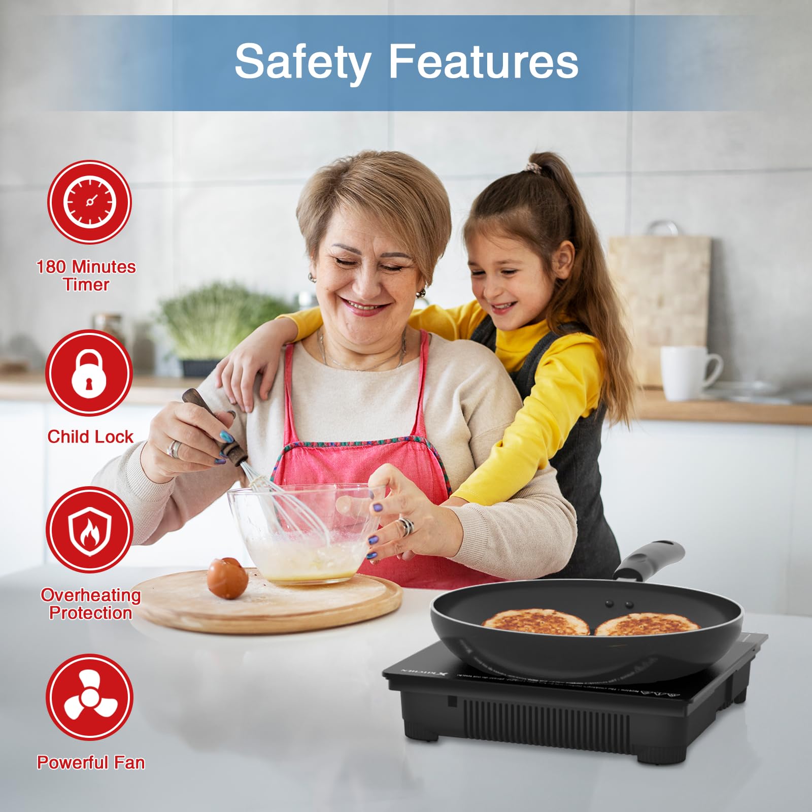 XKitchen Portable Induction Cooktop, 1800W Induction Burner with 9 Power levels, 12 temperature levels(140℉-465℉), Safety Lock, 3-Hour Timer, Countertop Burner with Warm Function, Black, 110V