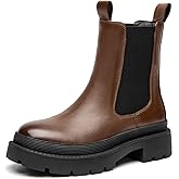 BEAU TODAY Chelsea Boots for Women, Chunky Platform Leather Chelsea Boots Womens Ankle Boots Round Toe Winter Dress Fashion Booties