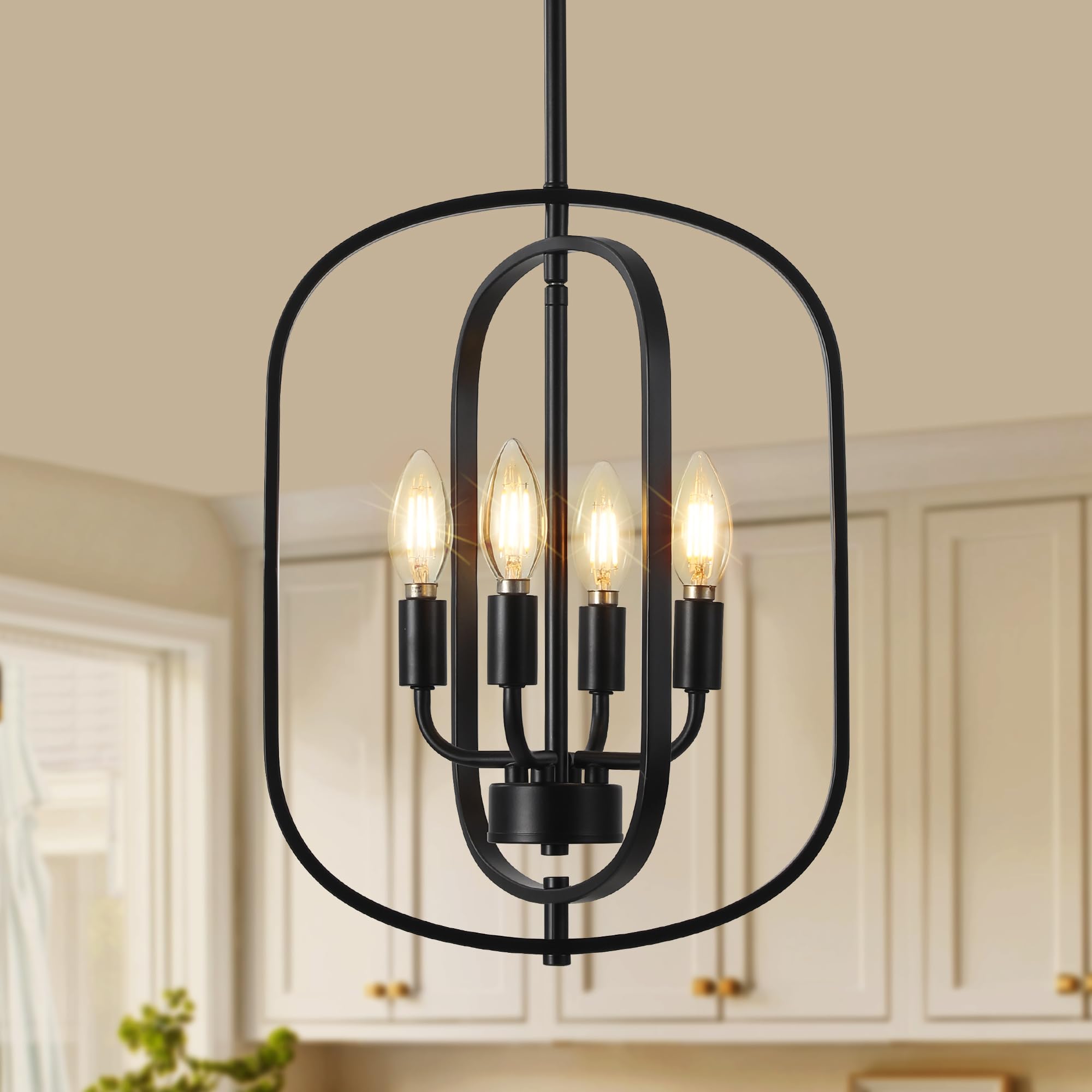 Photo 1 of Small Modern Black Chandelier for Foyer, 4 Light Industrial Entryway Lighting Fixtures,Farmhouse Pendant Light for Kitchen Island Stairway Hallway Dining Room