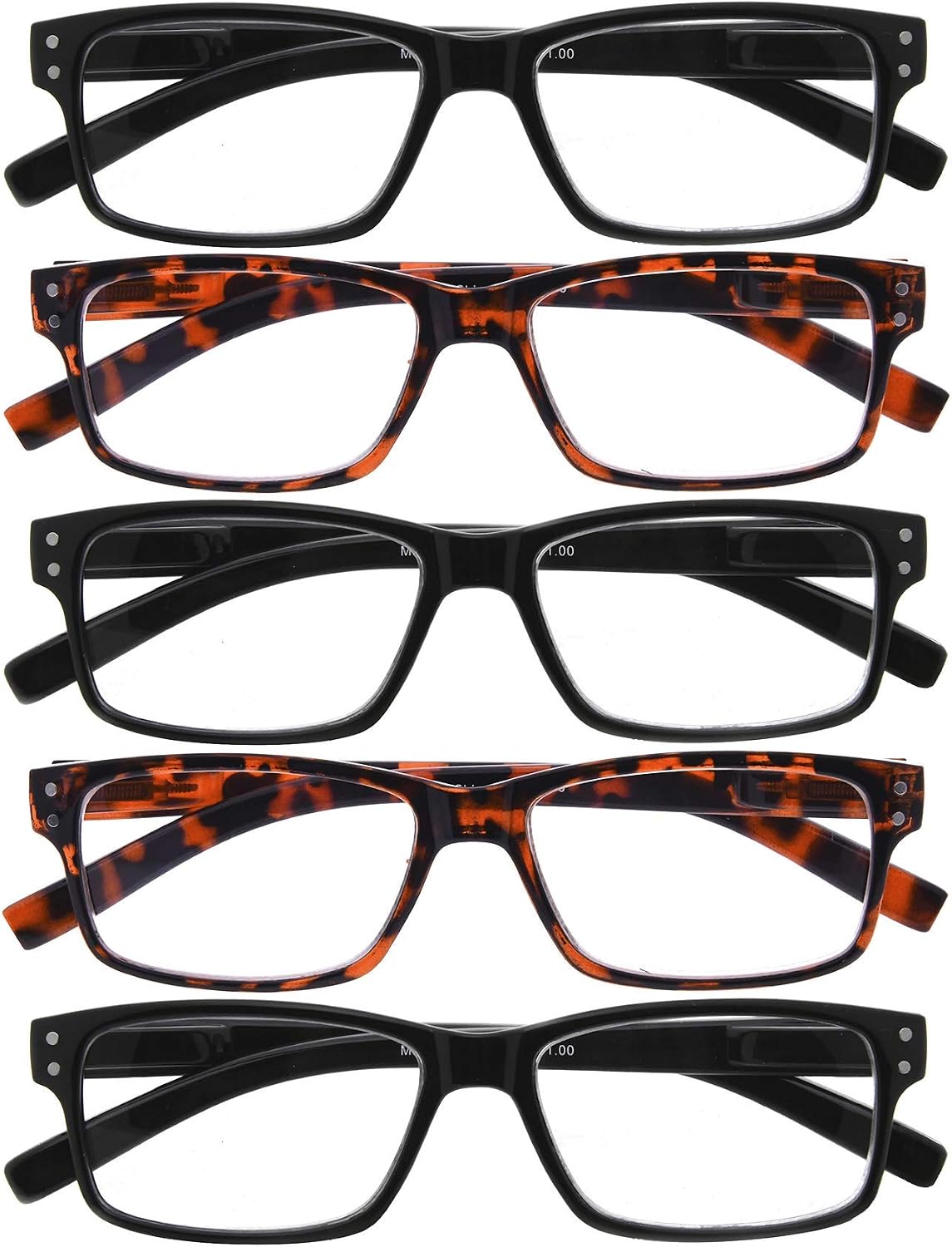 Eyekepper 5-Pack Spring Hinge Reading Glasses Vintage Readers Men Women +1.75, 3 Black 2 Tortoise(all Clear Lens), 1.75 Diopters - Image 3