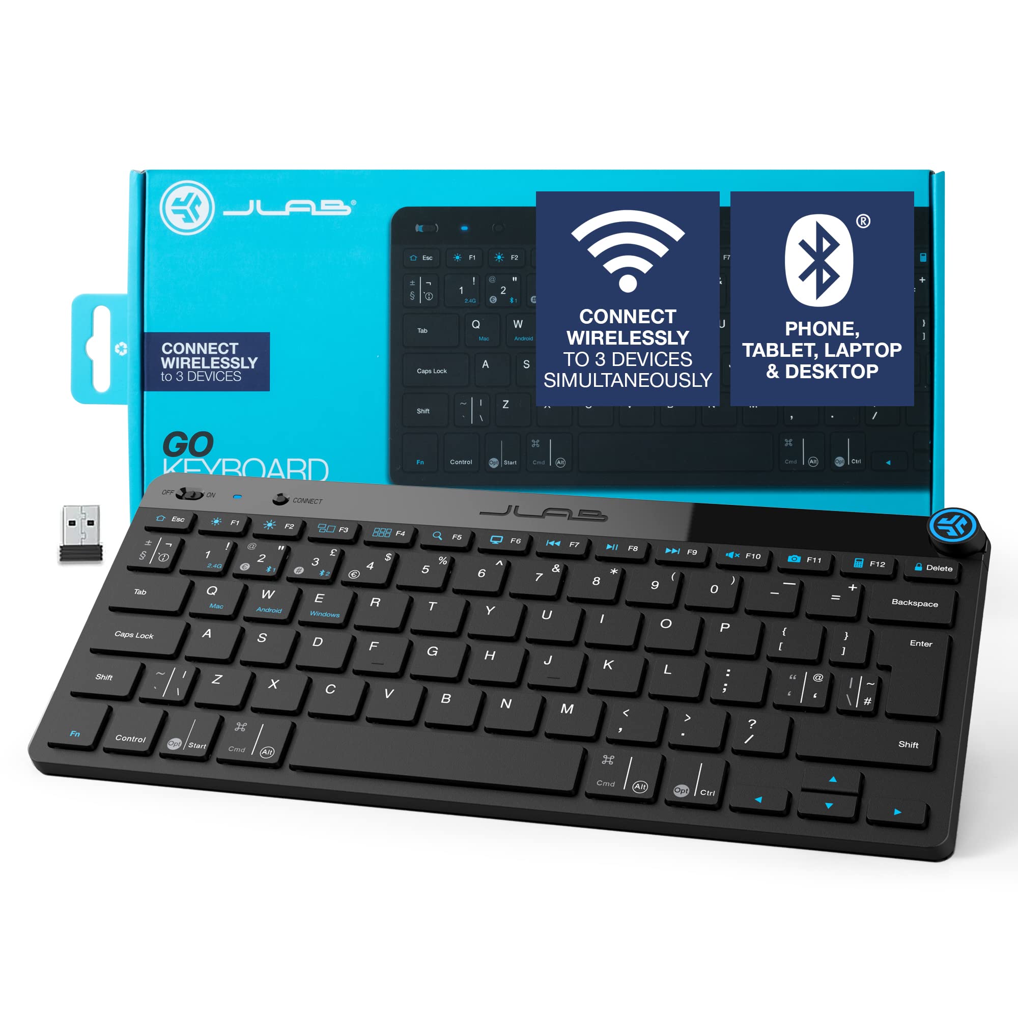 JLab Go Wireless Keyboard - Small Bluetooth Keyboard with 2.4G USB Connectivity, Multi Device Quiet Portable Keyboard for iPad/iPad Mini/Tablet/PC/Laptop/Android/Apple Mac, Flat Compact Design — image 1