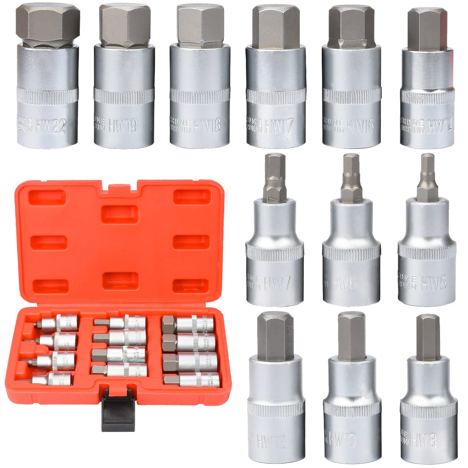 Hex Bit Socket Set, Screwdriver Bits Allen Key Socket Set 1/2" Premium S2 12pcs Metric for Torque Wrench, Ratchet Wrench