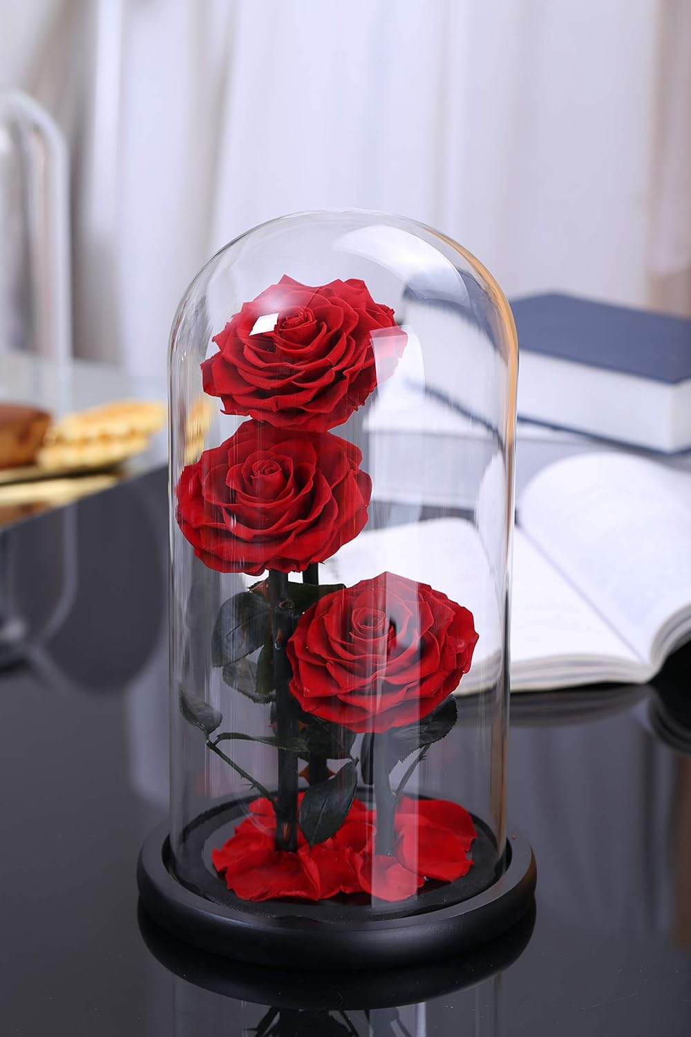 Amazon Com Beauty And The Beast Rose Red Enchanted And Led Light With Fallen Petals In Glass Dome On Wooden Base Gift For Valentine S Day Christmas Home Decor Party Wedding Anniversary Kitchen