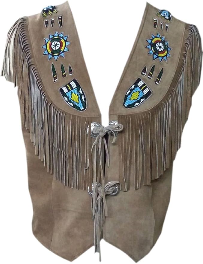LEATHERAY Men's Fashion Western Cowboy Fringe & Beaded Vest Suede
