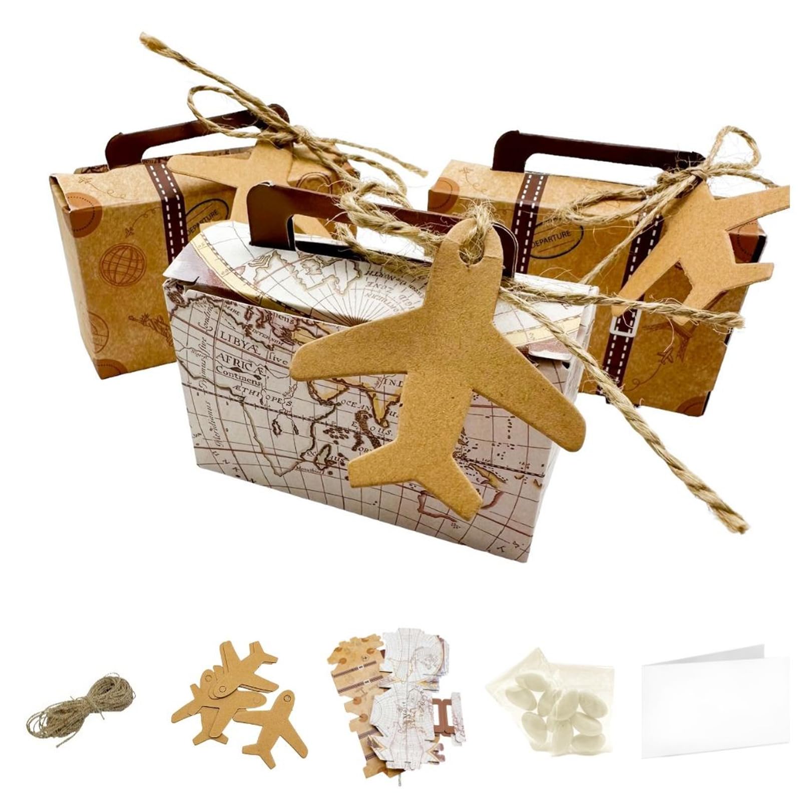 Ingrosso e Risparmio Set of 20 Candy Boxes in Cardboard Suitcase with Double Design Airplane Label 20 Cards to Customise 20 Sachets of White Chocolate Sweets Travel