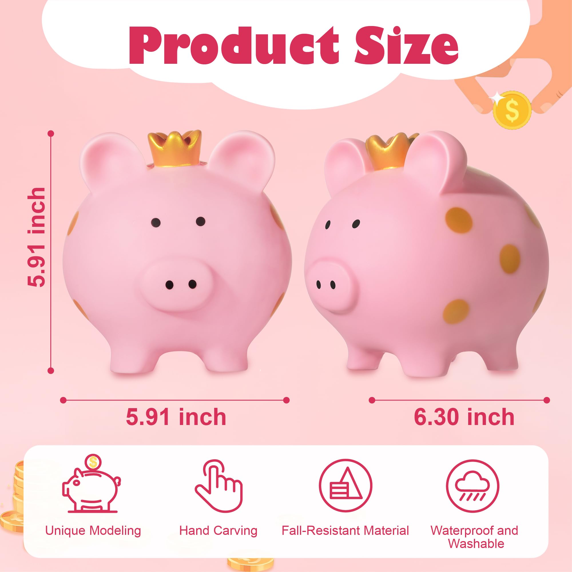 Piggy Bank for Girls, Large Unbreakable Plastic Toddler Money Saving Bank with Crown, Pig Coin Bank for Boys, Personalized Decor Money Container Birthday for Kids (Pink)