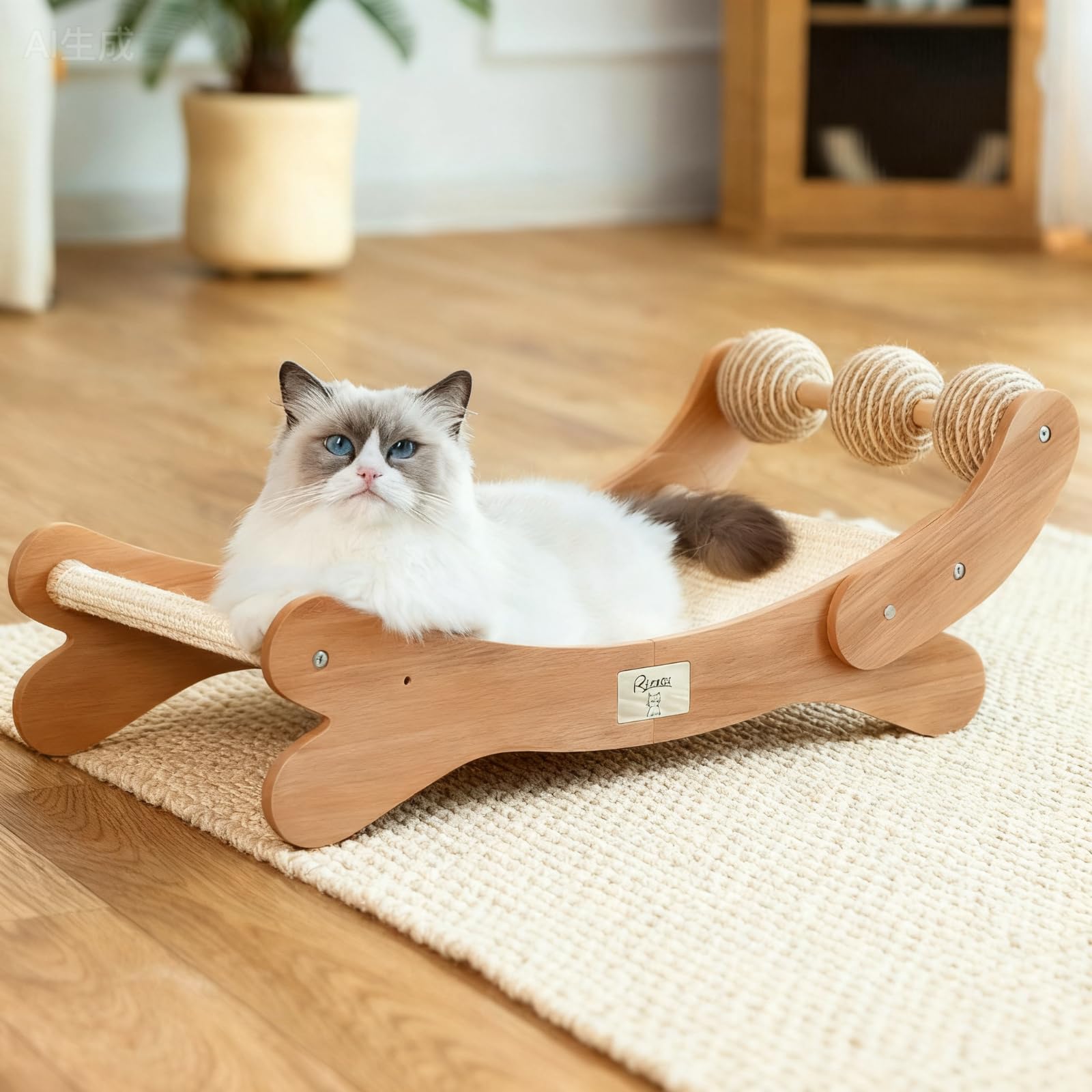 Photo 1 of **PARTS ONLY**RizzQi Sisal Cat Scratcher Bed with 3 Toy Balls for Indoor Cats, Durable Wooden 3-in-1 Hammock Lounge & Scratch Pad - Modern Furniture for Large Cats, Scratching Post Lounger