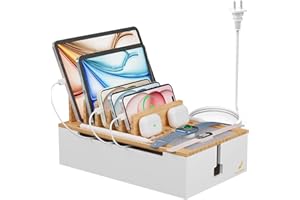 Pezin & Hulin Bamboo Charing Station, Multi Charger Organizer Phone Docking Station, Large Wire Storage Box and Organizers fo
