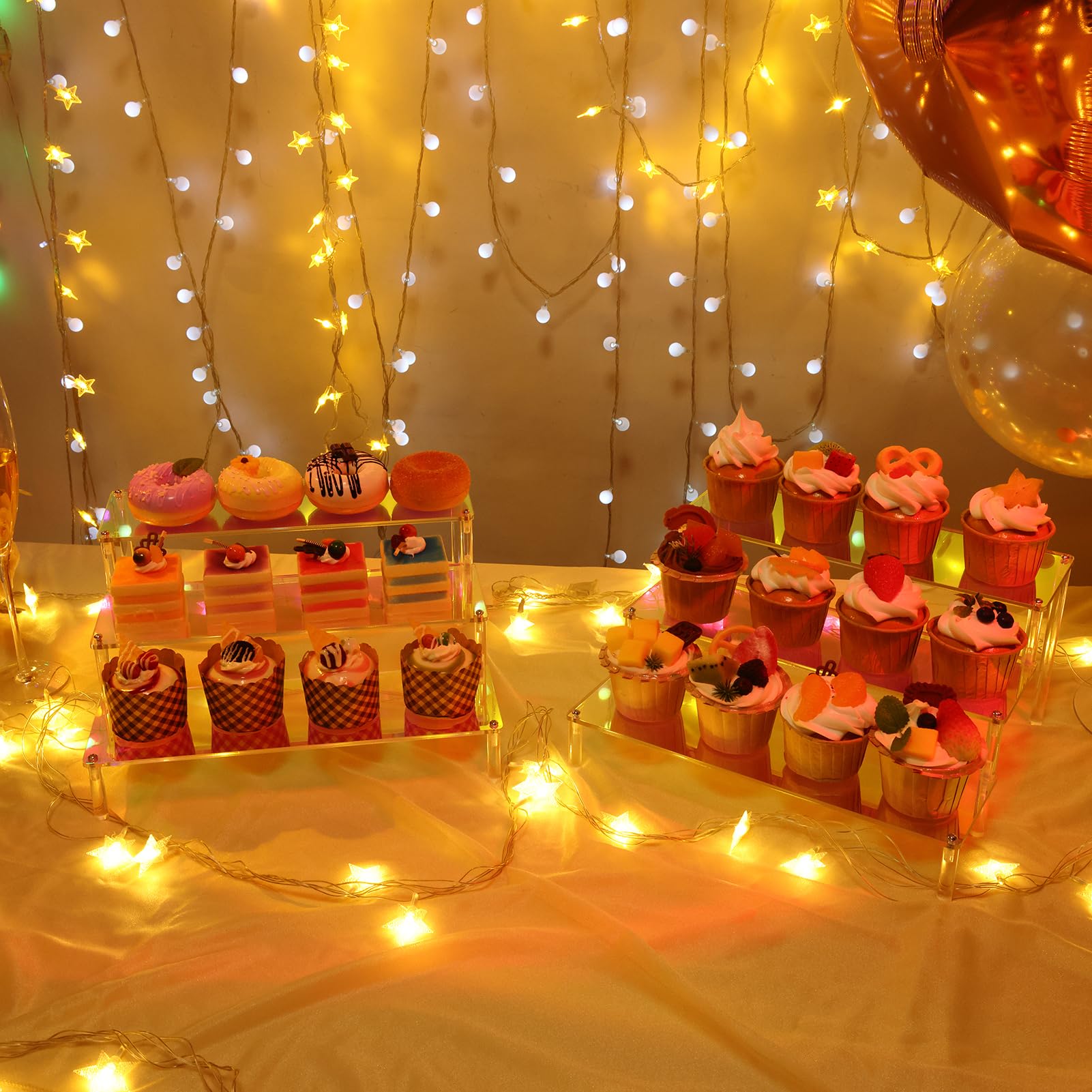 MESISEPHELE Acrylic Risers Display Stands, 2 Packs 3 Tier Rainbow Display Shelf for Cupcake Stand Perfume Organizer Anime Figures Collectibles Iridescent Display for Jewelry and Cosmetic