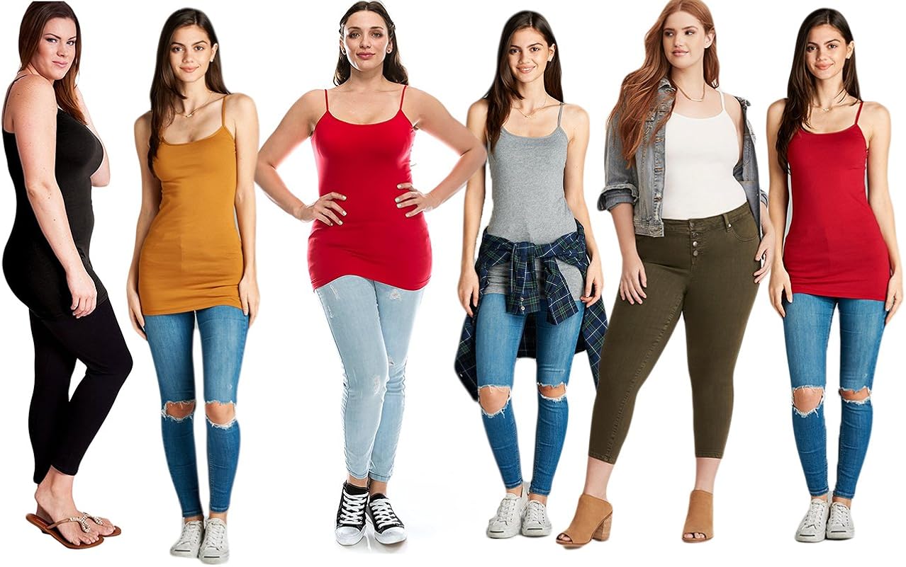Emmalise Women's Basic Casual Long Camisole Adjustable Strap Cami Layering Top: Clothing