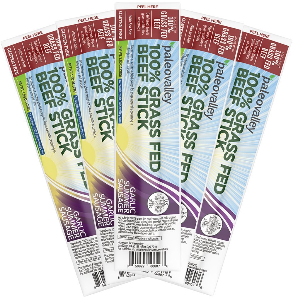 Paleovalley 100 Grass Fed Beef Sticks 10 Count Garlic Summer
