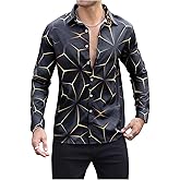 VIPWOLF Men's Geometric Graphic Dress Shirts Long Sleeve Button Down Business Work Shirt Tops