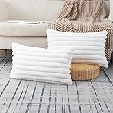 ZLINA Set of 2 Cream White Faux Fur Decorative Throw Pillow Covers Fluffy Striped Pillowcase Cushion Covers 12 x 20 Inch Decor Sofa Couch Bedroom