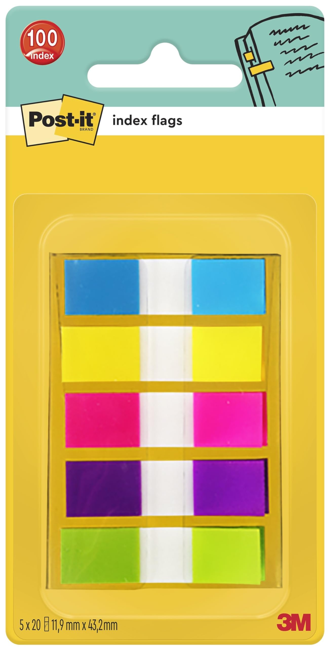 Post-it Index Small In a Plastic Dispenser, Assorted Bright Colours, 5 Packs of 20 Sticking Strips - To Mark, Highlight or Colour Code Important Information