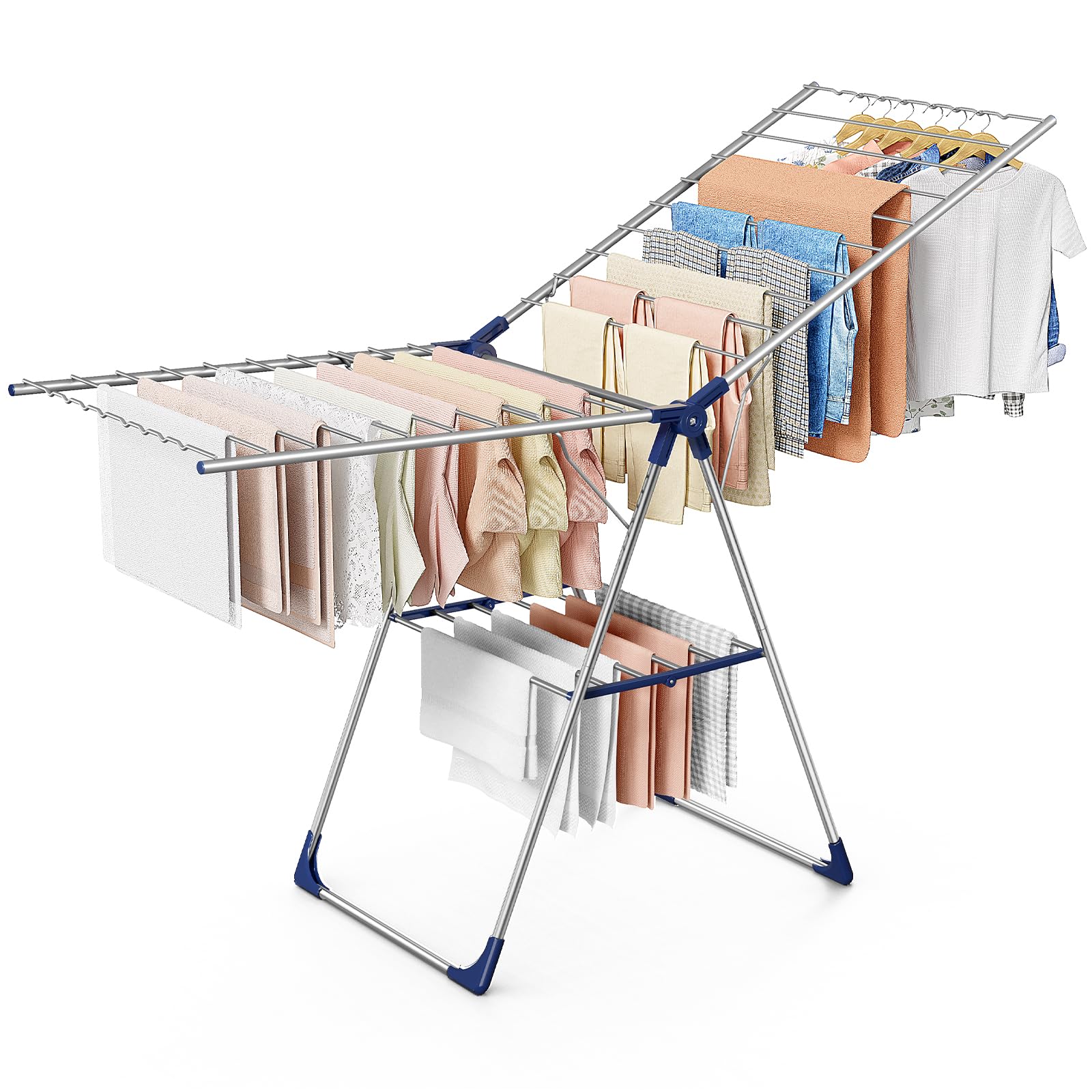 Sakugi Clothes Drying Rack with Height-Adjustable Wings, Metal Foldable Laundry Dryer Stand for Clothing & Bedding, Free-Standing Collapsible for Indoor & Outdoor Use, 69.5" L × 22.8" W, Silver Blue