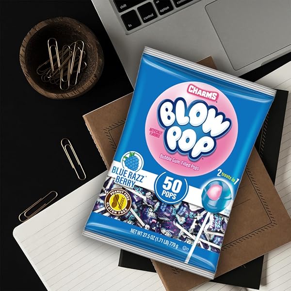 CHARMS BLOW POP SINGLE FLAVOR BAG – BLUE RASPBERRY FLAVORED LOLLIPOPS WITH A BUBBLE GUM CENTER – INDIVIDUALLY WRAPPED HARD CANDY – BLUE CANDY – PEANUT FREE, GLUTEN FREE, 50 COUNT (PACK OF 1)