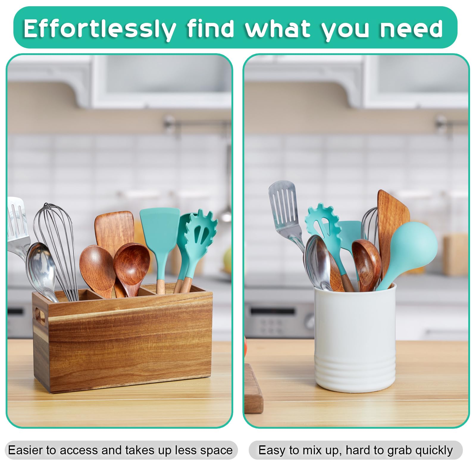 ALELION Acacia Wood Utensil Holder Organizer for Counter - Large Wooden Utensil Caddy for Countertop - 3 Compartment Cooking Tool Holder for Spatula - for Farmhouse Kitchen Decor and Accessories