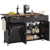 ONBRILL 60" Kitchen Island with Trash Can Storage, Rolling Island Table | Kitchen Island Cart with Power Outlet &amp; Drop Leaf, Large Storage Cabinet with Adjustable Shelf (Black)