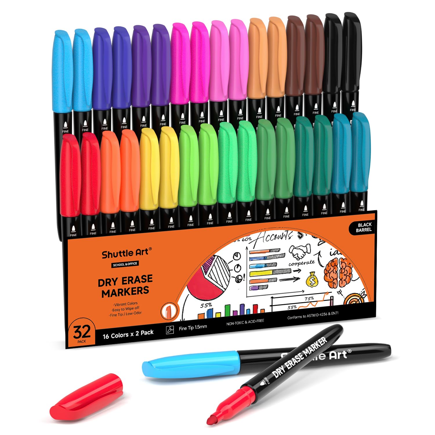 Shuttle Art 32 Pack Whiteboard Pens, 16 Colours Whiteboard Markers, Fine Point Dry Wipe Markers, Dry Wipe Pens for Writing, Drawing on Whiteboards, Weekly Planner, Glass for School Office Home