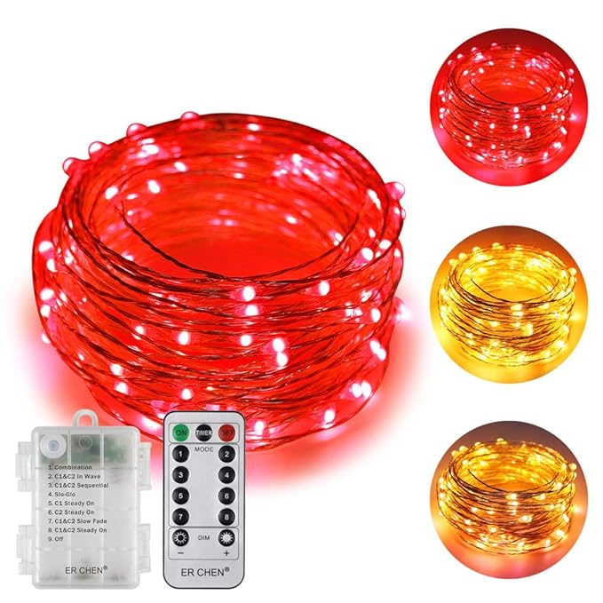 ErChen Zweifarbige batteriebetriebene LED-Lichterketten (warmweiß / rot), 33 FT 100 Leds Farbwechsel Silberfarbener Kupferdra