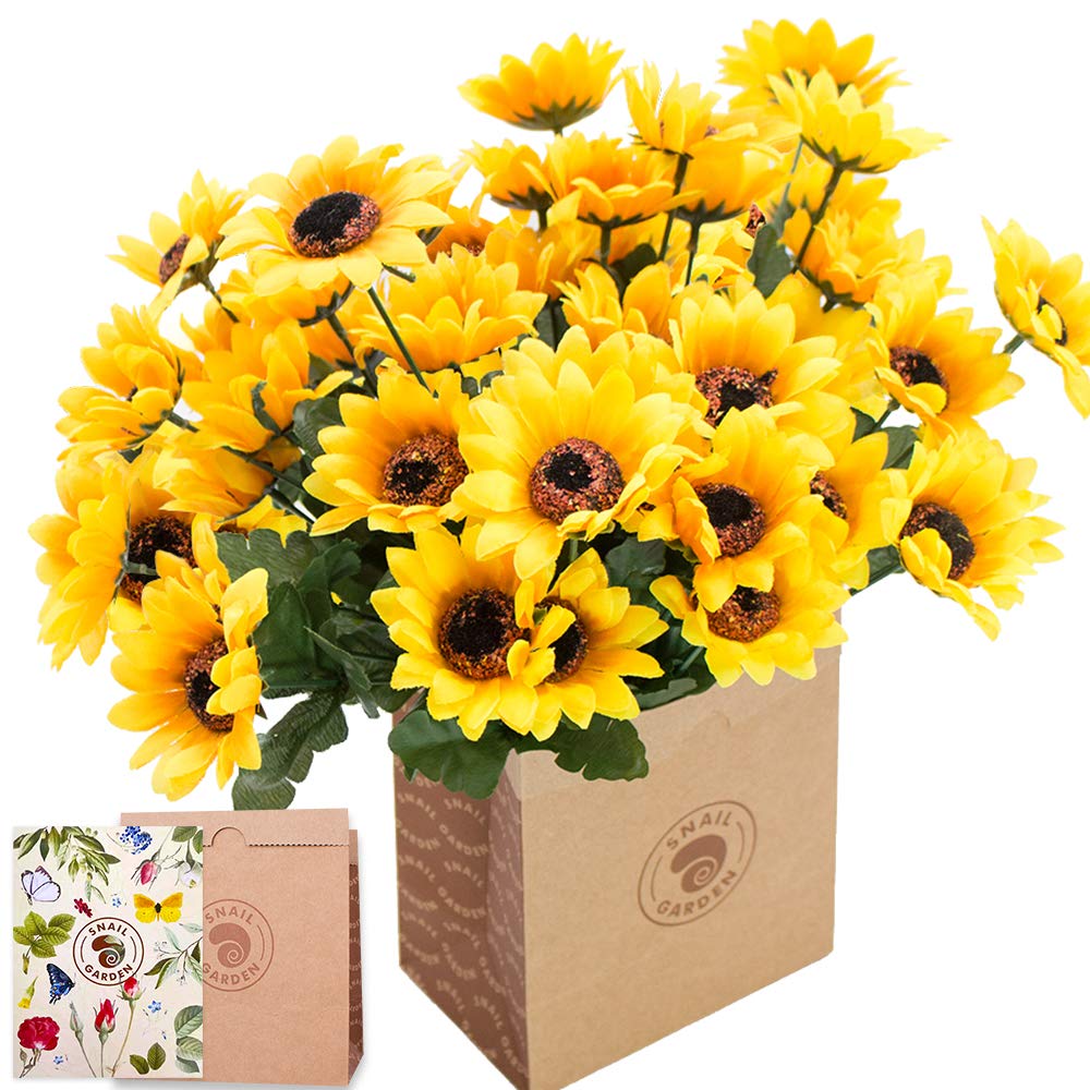 SNAIL GARDEN 6 Bunches Artificial Sunflower, 42 Heads Sunflowers Artificial Flowers Helianthus Bundle Bouquet with Brown Paper Bag Fake Flowers for Home Office Table Arrangement Gift