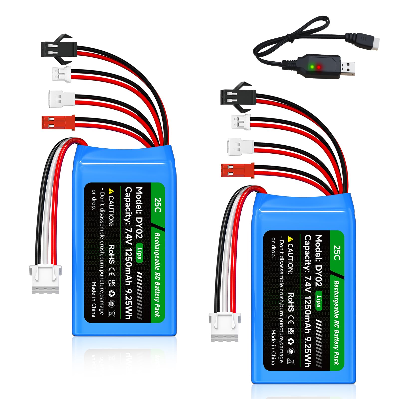 CITYORK (2 Pack) 7.4V/1250mAh Lipo RC Rechargeable Battery with JST Plug & PH2.0 & SM-2P & MX2.0 Plug Battery for WLtoys RC Cars A949 A959 A969 A979 K929 and Most 1/10 1/16 1/18 1/24 Truck
