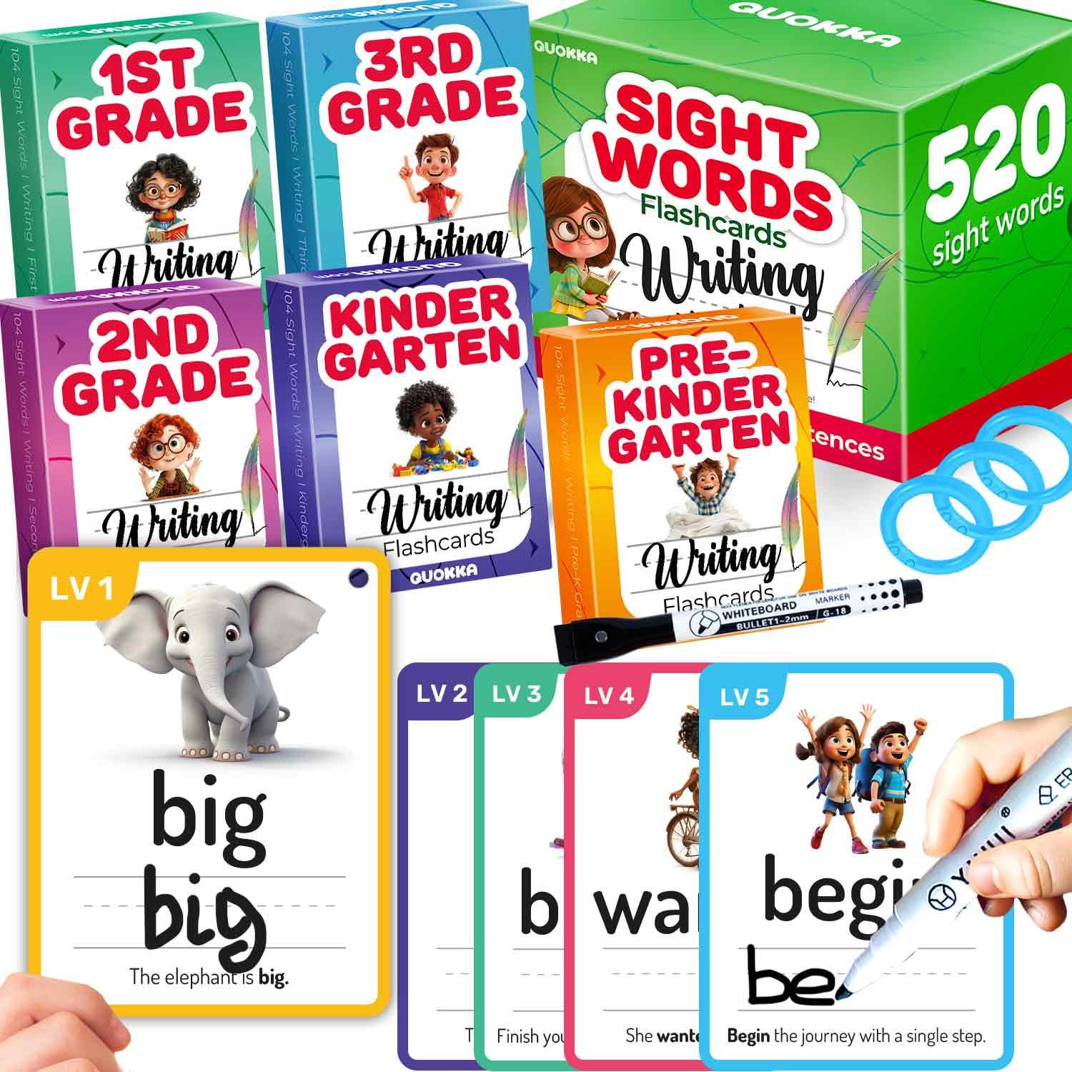 QUOKKA 520 Sight Words Flash Cards for Kids - 5 Levels Pre-K to 3rd Grade - Bold Font & Jumbo Size - Reusable Cards Color - Coded with Rings for Sorting - Based on Dolch & Fry Word Lists — image 1
