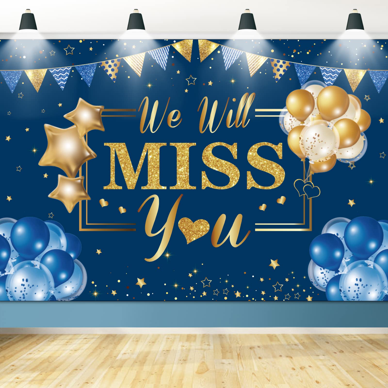 We Will Miss You Party Backdrop, Blue Gold Farewell Decorations Banner Goodbye Background for Graduation Retirement Party