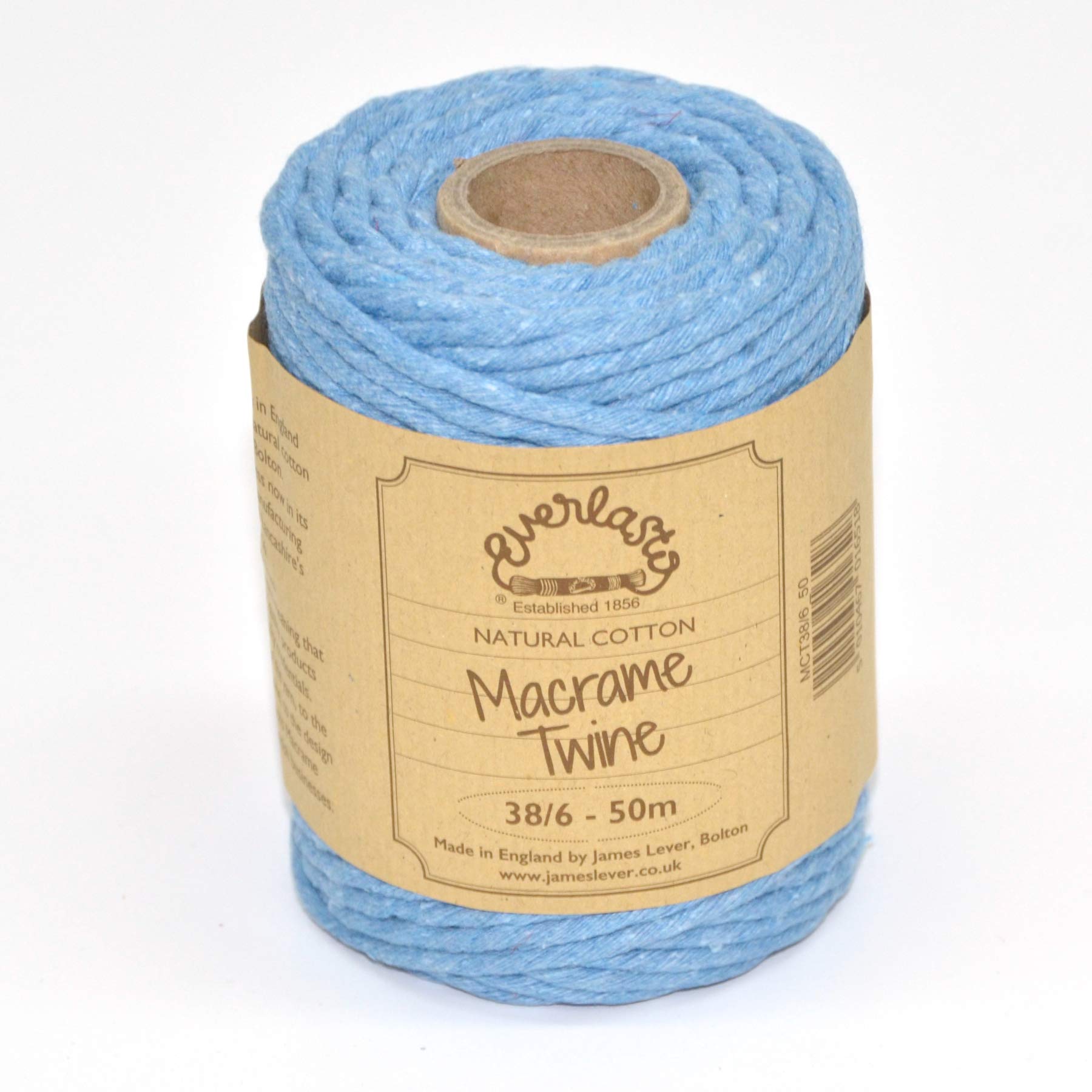 50M Spools - Everlasto Single Twist Soft Cotton Coloured Macrame Craft Twine 38/6 (4mm approx) (Sky Blue)