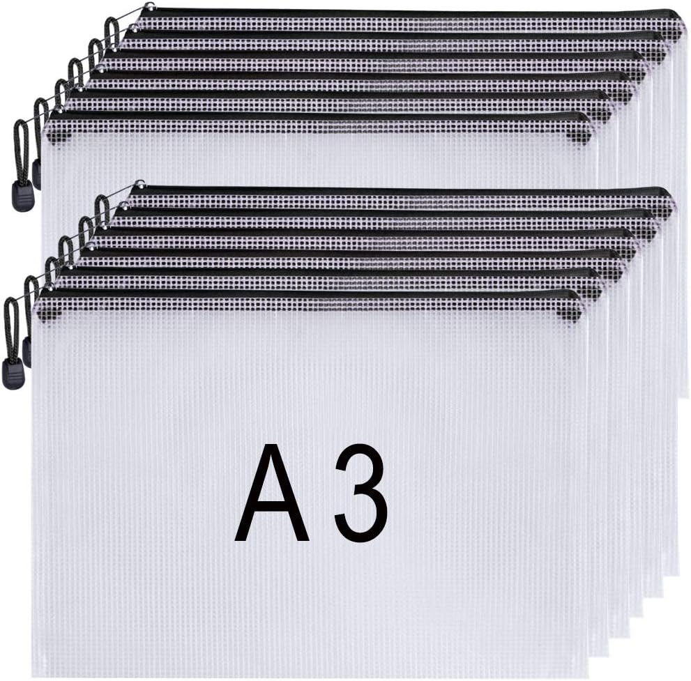 Plastic Wallets A3 Folder A3 Zip Wallets Large Ziplock Bags Zipper Bags Plastic Document Folders, Black(12PCS)