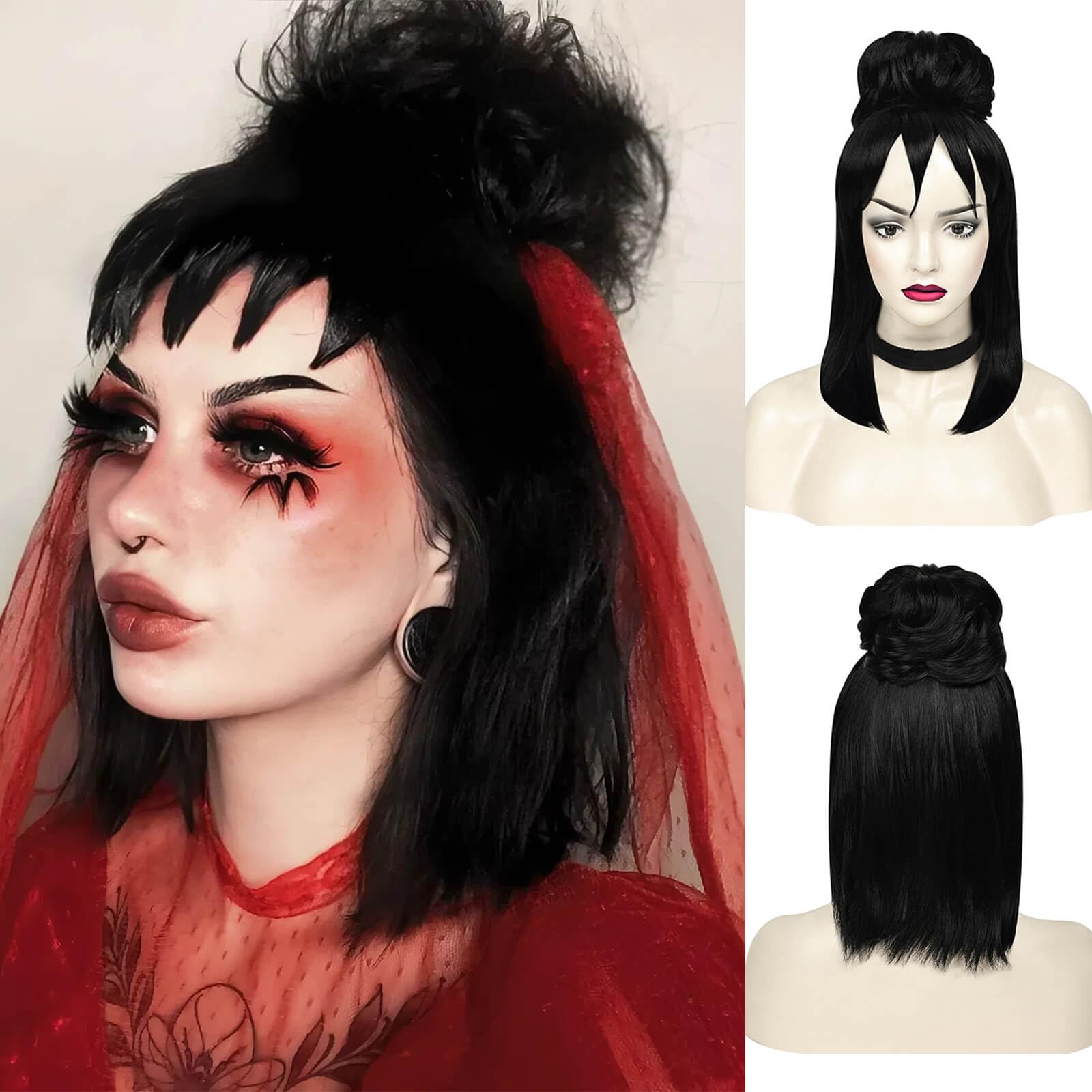 Becus Long Black Cosplay Wig with Bun, Bob Wigs with Bangs Wigs Hairnet for Halloween Costume Party Cosplay Synthetic Wig(Black) — image 1