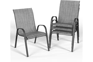 VONZOY Patio Dining Chairs Set of 4, Stackable Dining Chairs High Back, Breathable Seat Fabric and Alloy Steel Frame for Backyard, Porch, Garden, Sunroom (Grey)