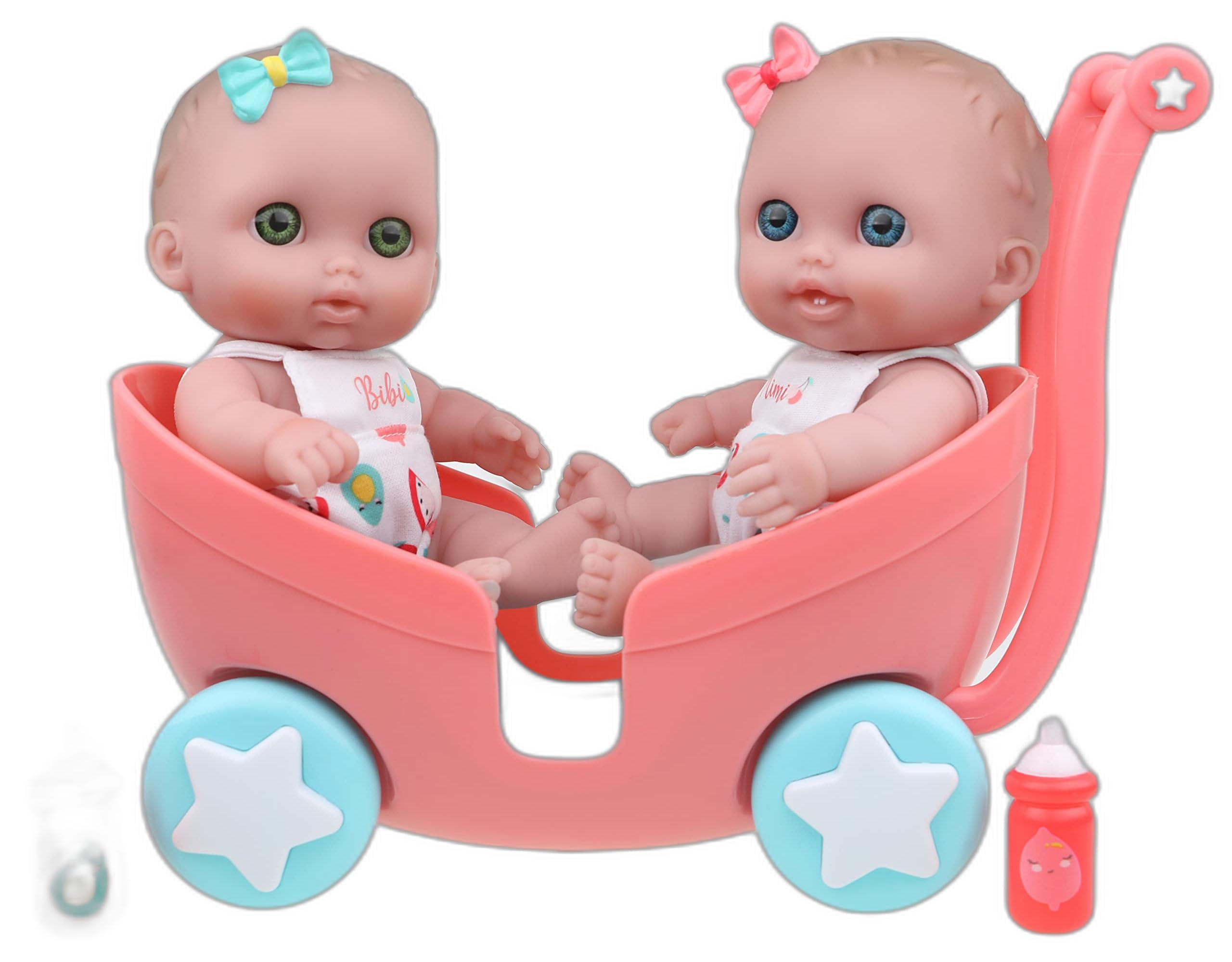 JC Toys Lil Cutesies TWIN 8.5" All Vinyl Dolls and Stroller Set | Posable and Washable | Removable Outfits |Twin Stroller and Accessory Ages 2+, Green