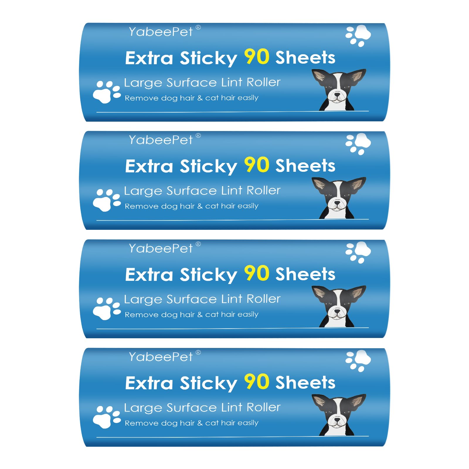 YabeePet 4-Pack Lint Roller Refills - 6.3 inch Width, 90 Sheets per Roll (360 Sheets Total)