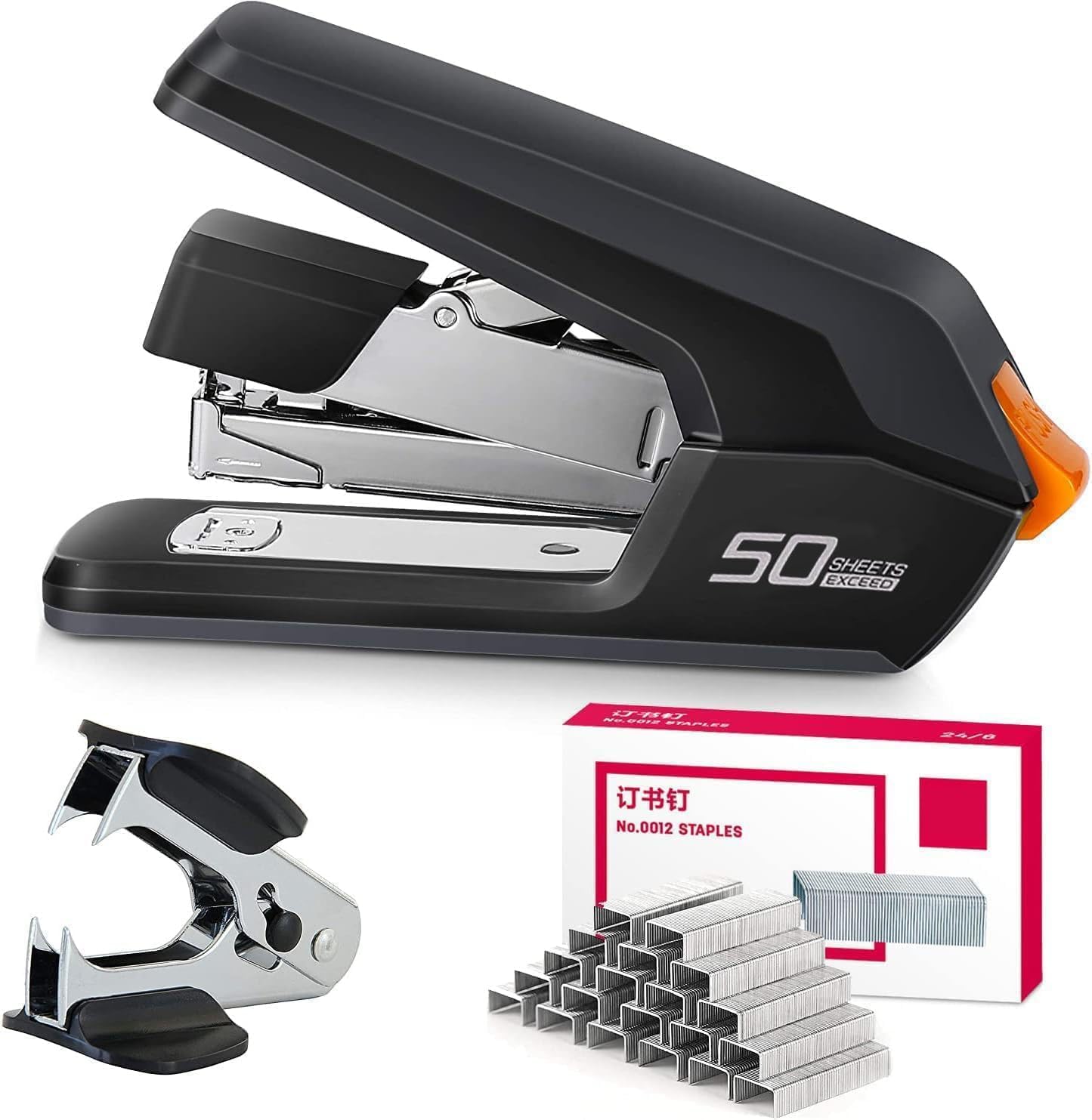 Effortless Desktop Stapler, 40-50 Sheet Capacity, One Finger Touch Stapling, Easy to Load Ergonomic Heavy Duty Stapler, Includes 1500 Staples and Staple Remover (Black)
