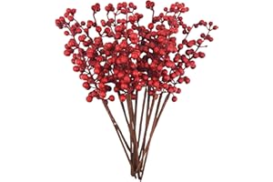 Jmkcoz 12 Pack Artificial Red Berry Stems Branches, Fake Burgundy Berry Picks Holly Berries for Christmas Tree Xmas Valenintes Wreath Decorations Floral Arrangements Home Holiday DIY Crafts Decor
