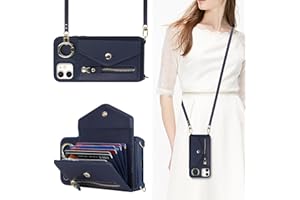 Lipvina for iPhone 12 Case Wallet with Strap for Women - Crossbody Lanyard, Zipper Pocket, Credit Card Holder, Ring Stand - Phone Wallet Case for iPhone 12 (6.1 inch,Dark Blue)