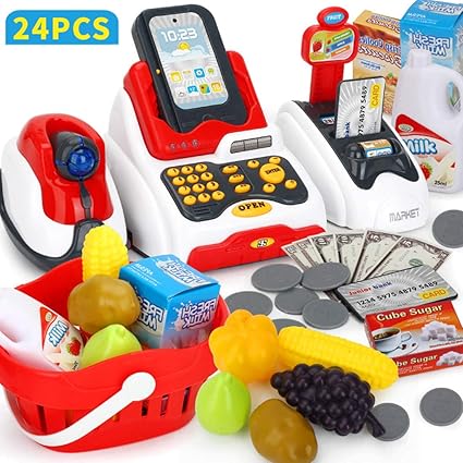 Rolanli Supermarkt Kasse Spielzeug, 24 Stücke Supermarktkasse Scanner Rollenspiel Spielzeug Frühes Lernspielzeug für Kinder
