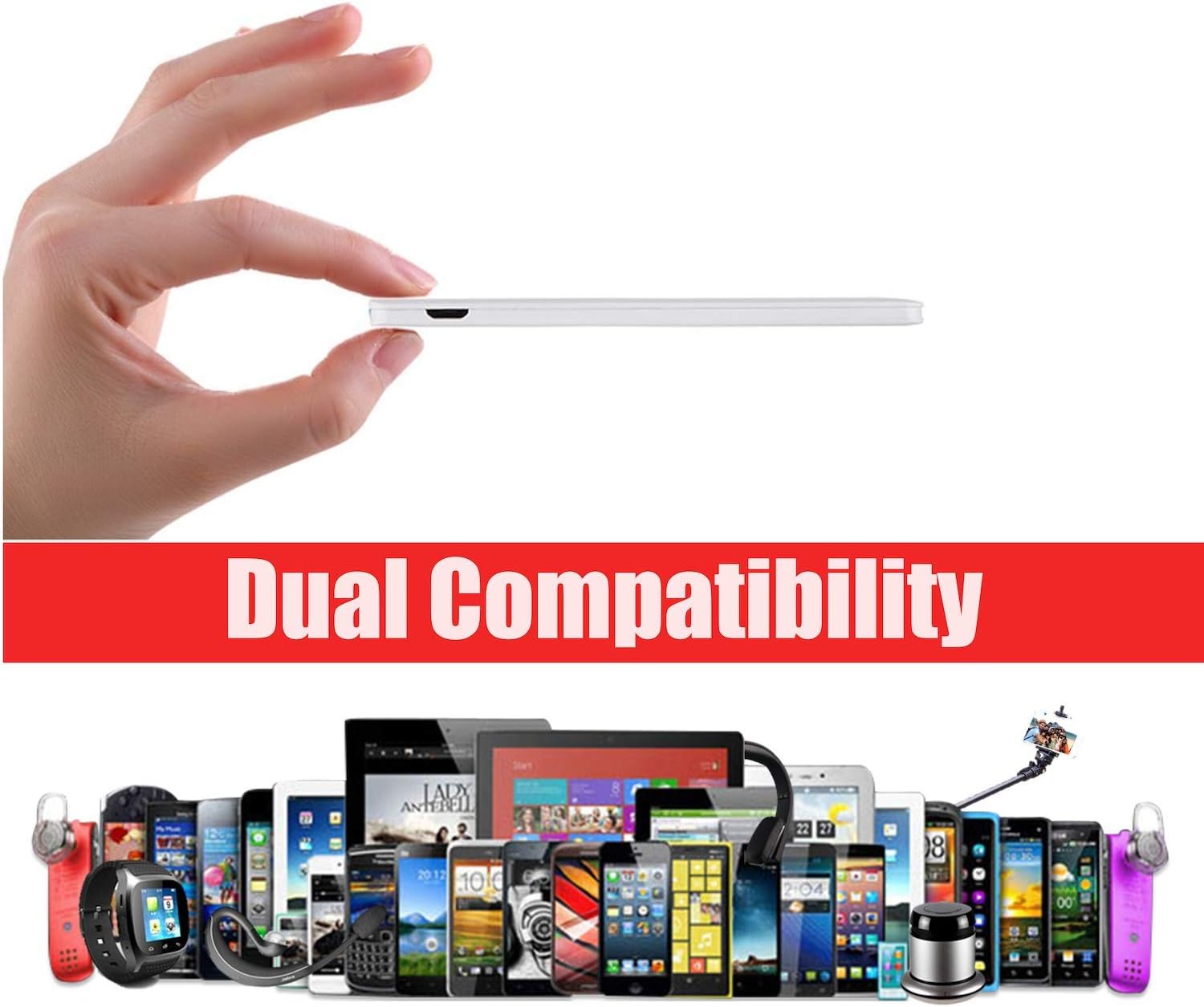 Ultra-Slim Ultra-Portable Ultra-Safe 2500mAh Wallet Pocket Power Card Power Bank, ONE-for-All External Mini Battery for Most Smart Phone and Digital Devices(White with Lightning Adapter)