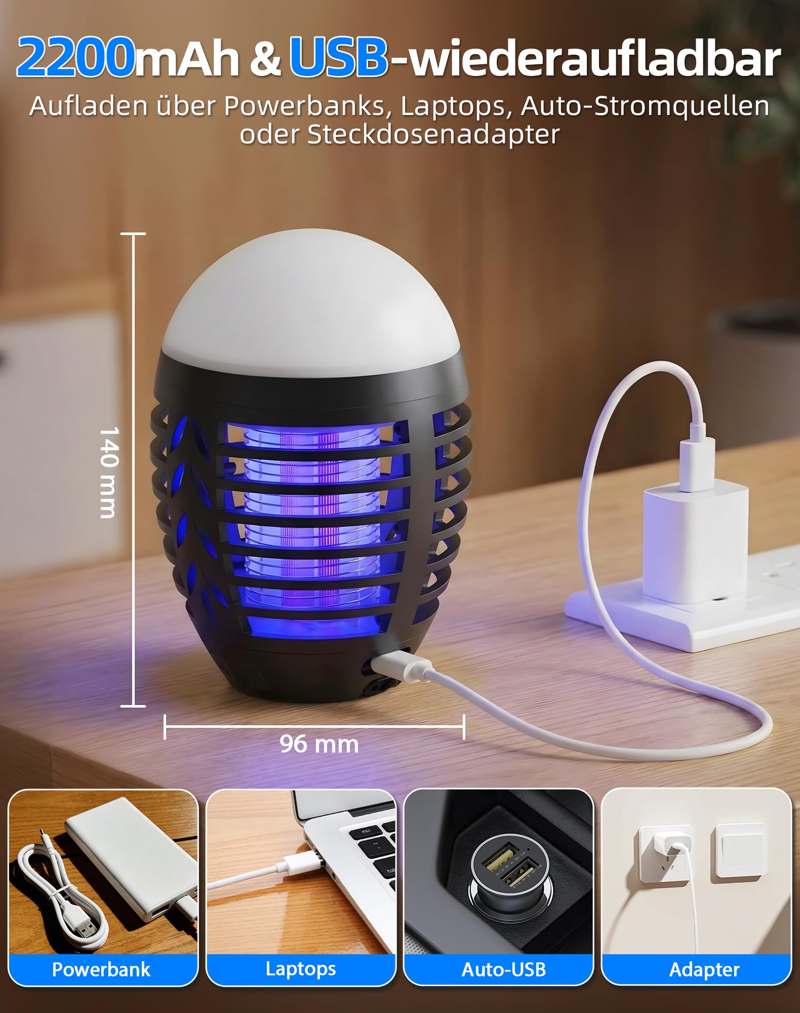 ROVLAK Insektenvernichter Campinglampe Outdoor, LED Mückenlampe USB Wiederaufladbar 2-In-1 Moskitokiller Lampe mit LED Licht, 3 Beleuchtungsmodi, Wasserdicht UV Mückenschutz für Camping, Zelt, Garten 5