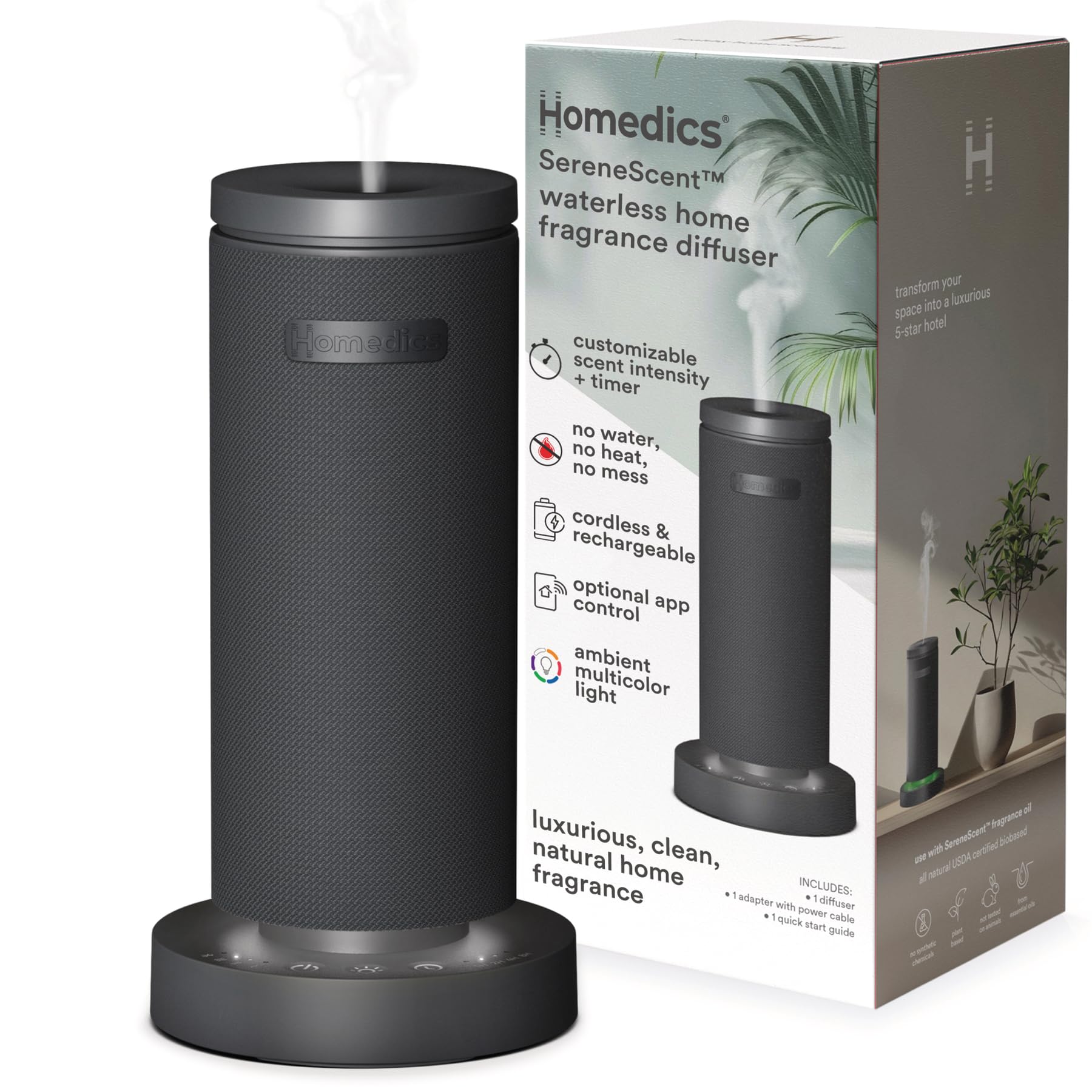 Photo 1 of Homedics SereneScent Mini Fabric Rechargeable Waterless Diffuser, Cordless Aromatherapy Device, Use with SereneScent Oil 15ml (Sold Separately), Adjustable Mist Intensity & Ambient Light, Charcoal