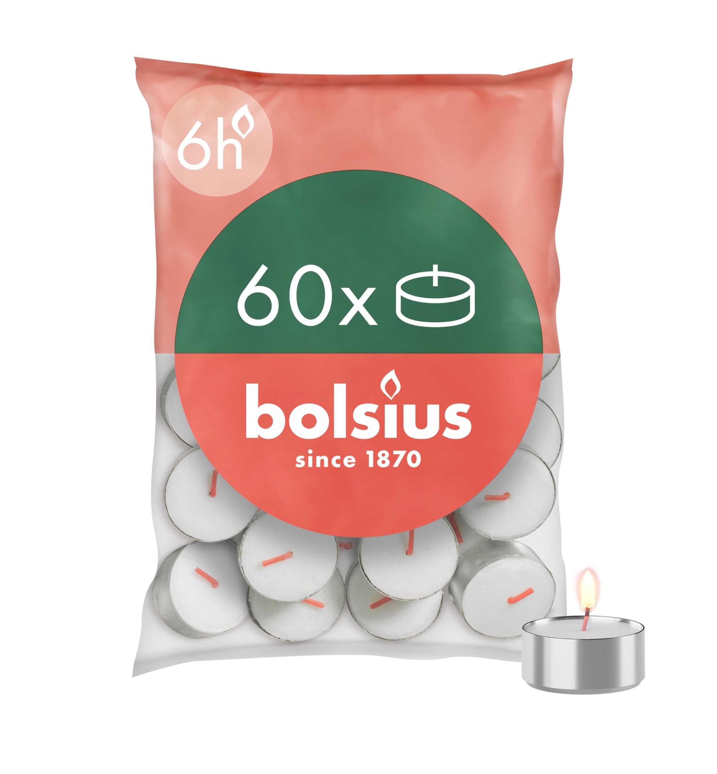Bolsius D-Light Tea Lights - Pack of 60 - in Bag - Length Burning Time 6 Hours - Decorative Household Candles - White - Contains Natural Plant Wax - Without Palm Oil