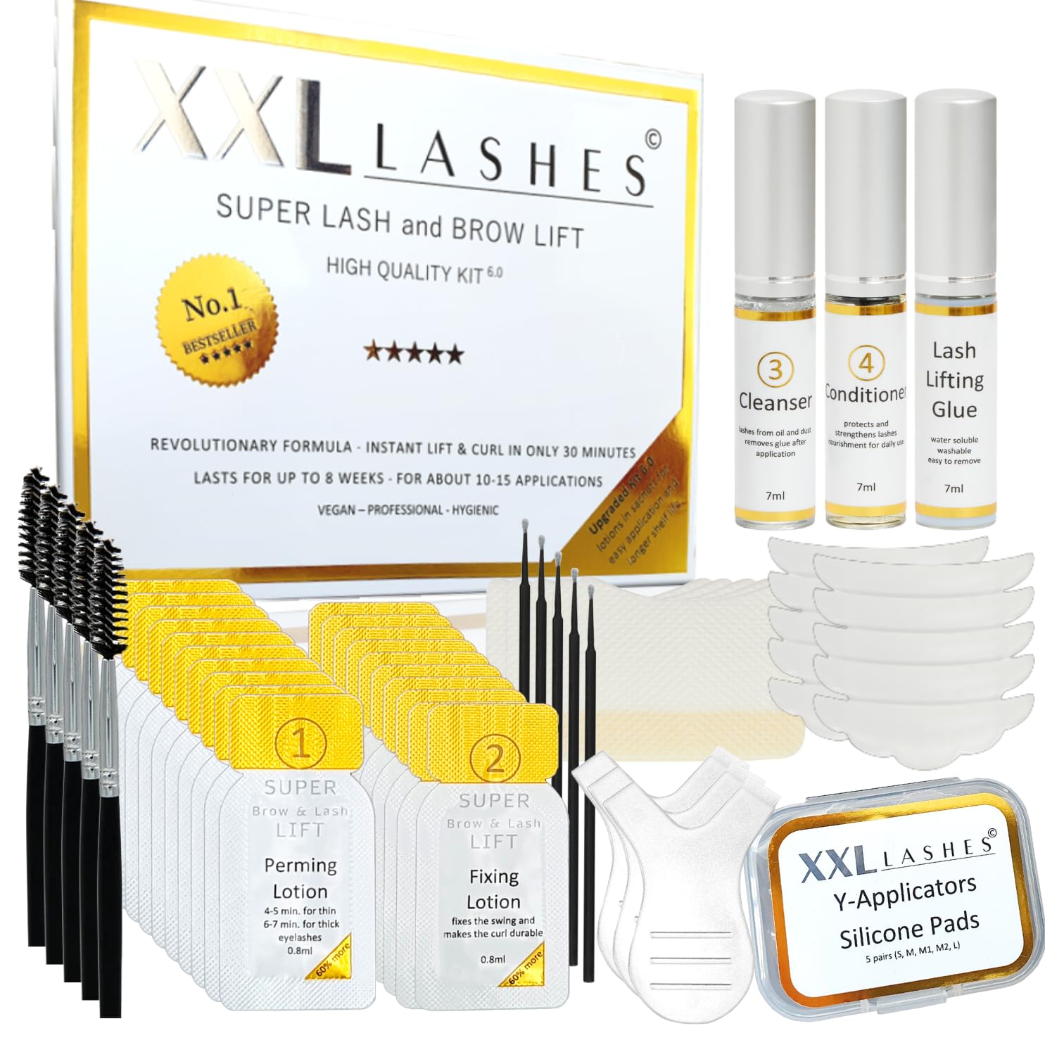 XXL Lashes Super Lash and Brow Lift Set 6.0, eyelash lifting and perm, eyebrow lamination, with 20 air-protected sachets for longer shelf life, short exposure time, incl. manual, 56 pcs.