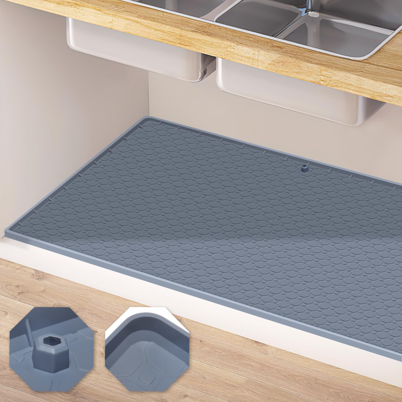 ShiBaiY Under Sink Mat, Waterproof Silicone Mats for Kitchen, Cabinet Protector Under Sink Tray for Bathroom Cabinet Organizers and Storage, 34" x 22"(Grey)