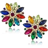 Trendy Colorful Big Round Statement Rhinestone Cluster Leaf Stud Earrings Ethnic Sparkly Vintage Art Deco Iridescent Lotus Snowflower Alloy Stud Earrings for Women Jewelry Gifts
