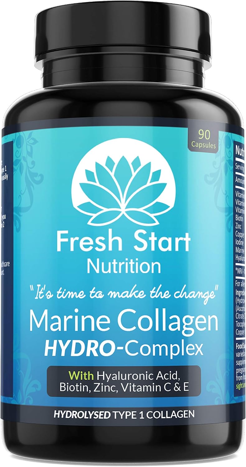 Marine Collagen Tablets 1000mg, 90 Premium Type 1 Hydrolysed Collagen Capsules with Hyaluronic Acid, Vitamin C, E, B2, Biotin