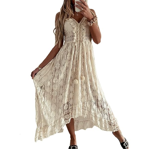 Women's Lace Dresses Boho Tassel V-Neck Flare Ruffle Beach Sundress  Sleeveless Asymmetrical Hi-Lo Hem Flowy Maxi Dress Beige at Amazon Women's  Clothing store