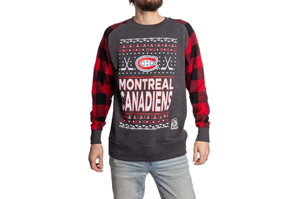 Calhoun NHL Surf & Skate Men's Ugly Christmas Team Logo Buffalo Plaid Raglan Sleeve Lightweight French Terry Sweater