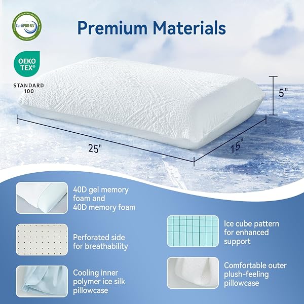 BEDTTER COOLING PILLOW WITH GEL MEMORY FOAM AND COOLING CASE FOR COOLING SLEEP (1 PACK), BED PILLOW FOR SIDE SLEEPERS, NECK AND SHOULDER PAIN RELIEF, WASHABLE COVER, 25″X15″X5″